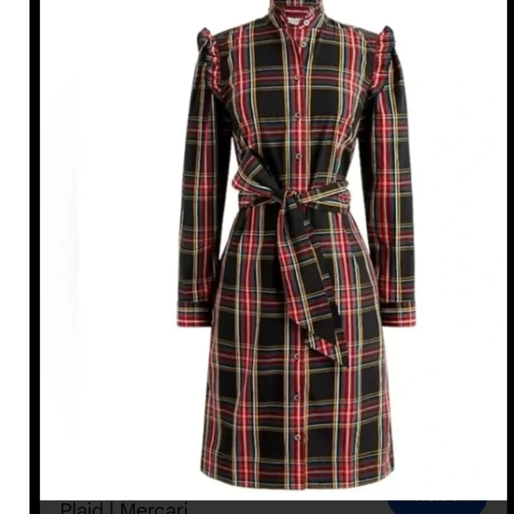 J.Crew Plaid Ruffle Collar Shirt Dress Black Red Stewart Tartan Belted 2